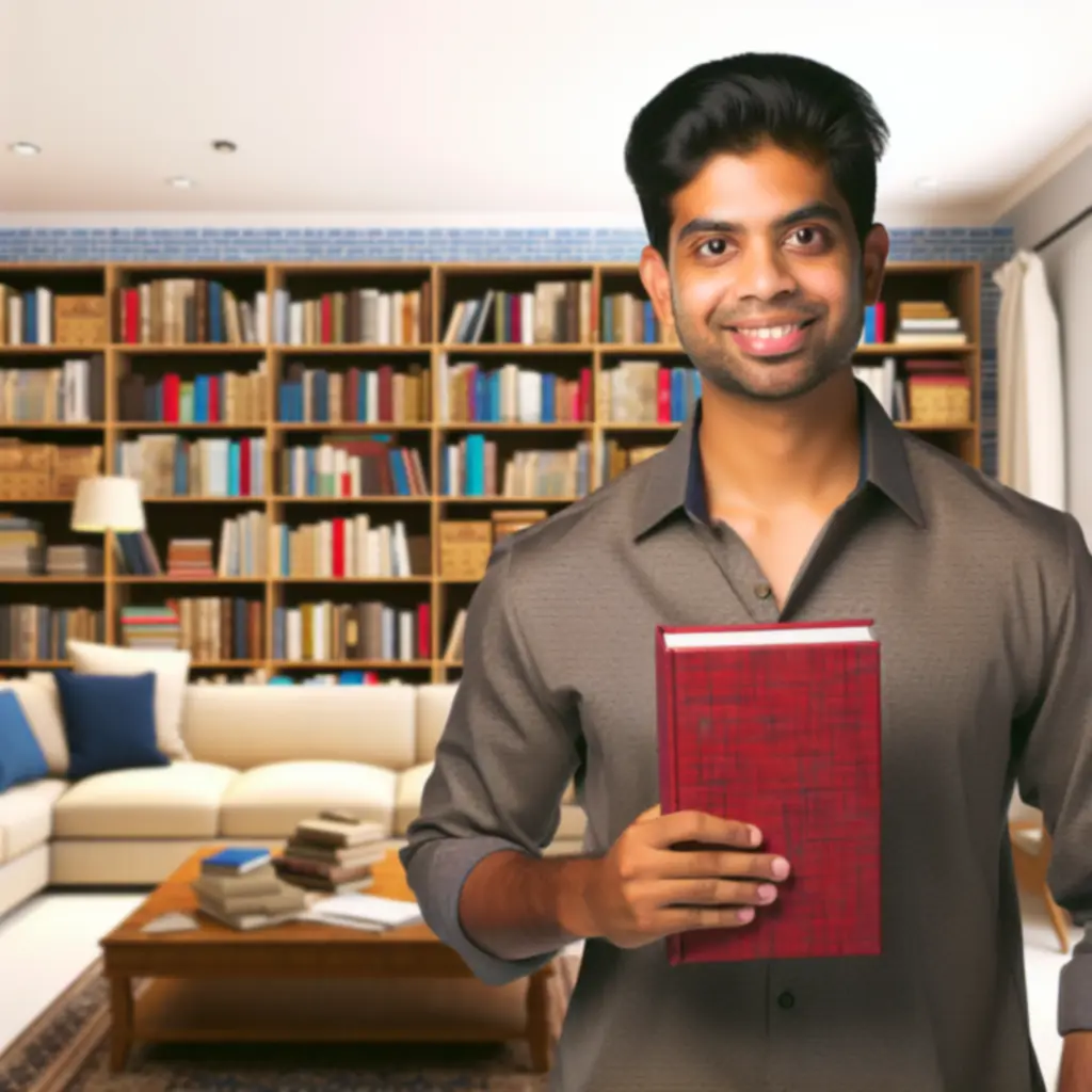 Author holding a newly published book in a bookshop setting.