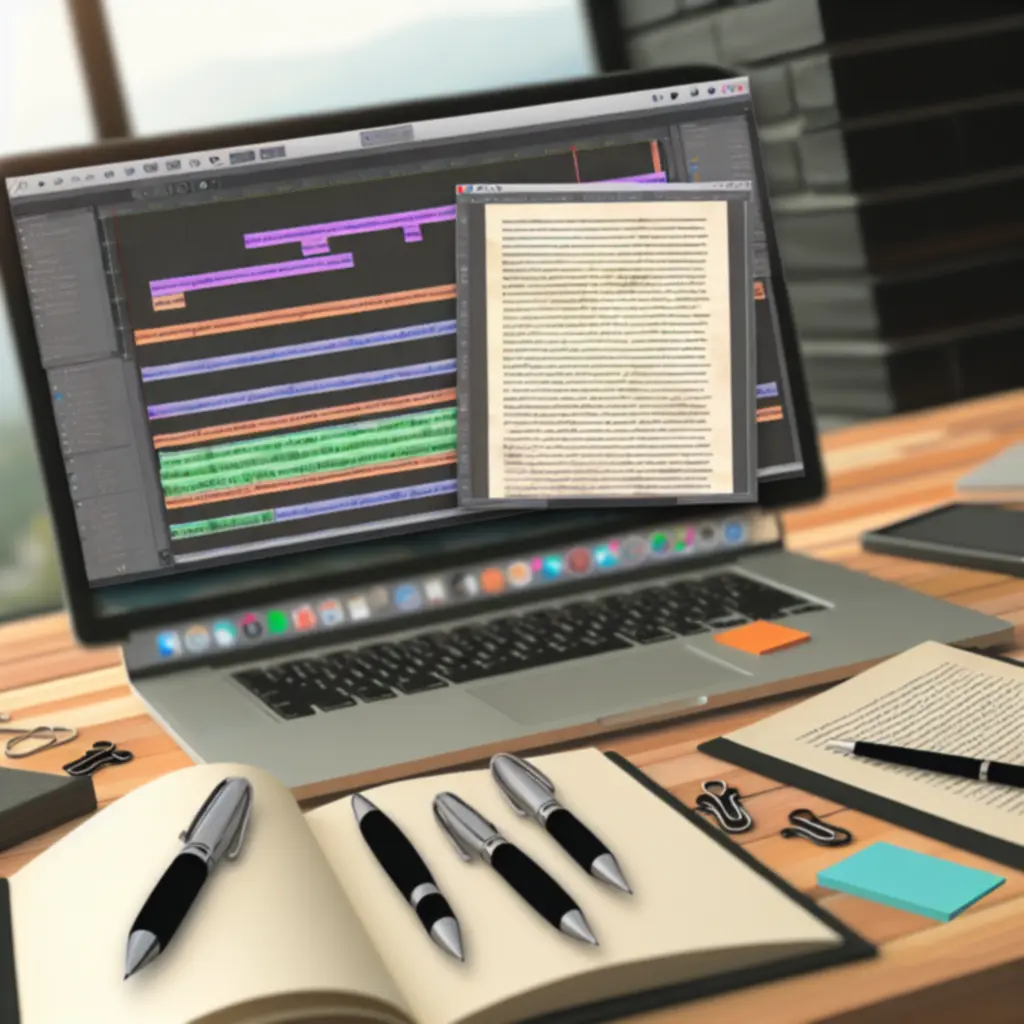 Book manuscript pages being edited at a desk with notes and a laptop