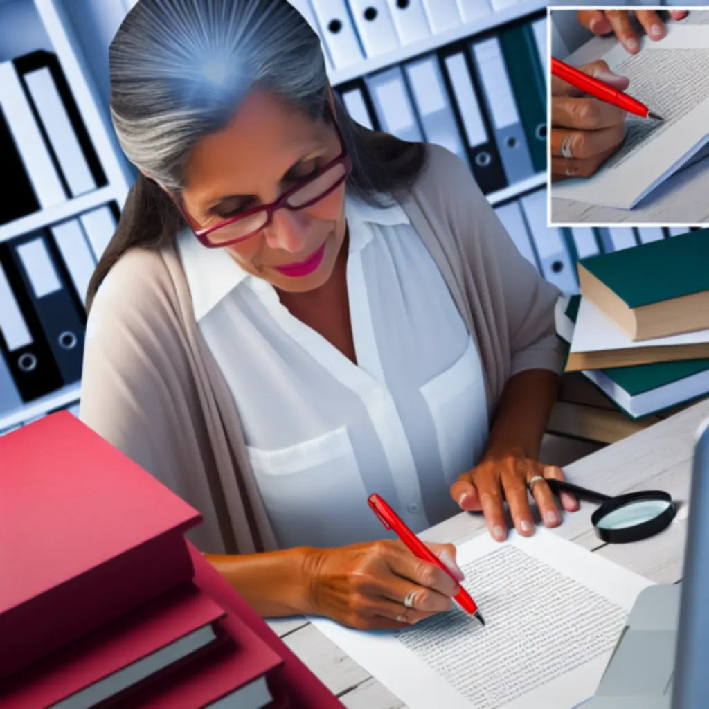 Professional book editor reviewing pages at a desk