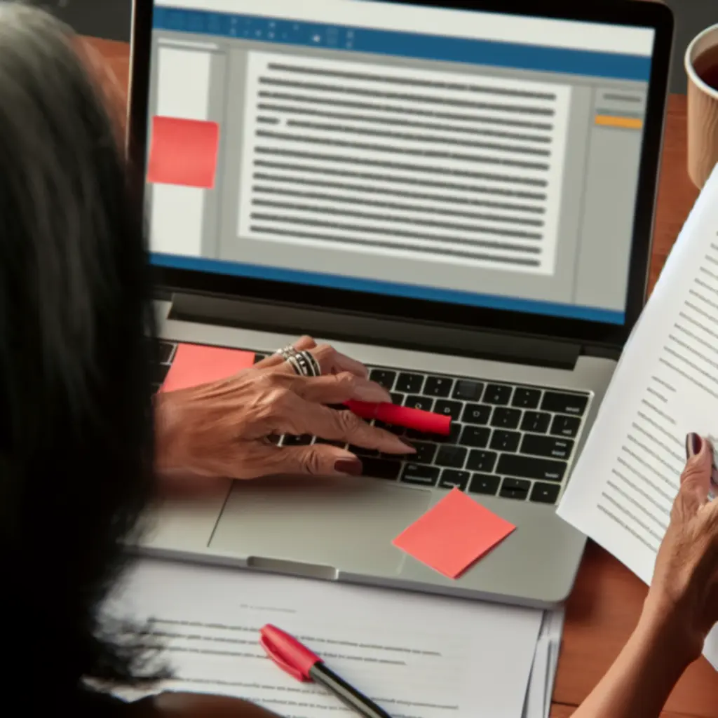 Editor reviewing a manuscript on screen