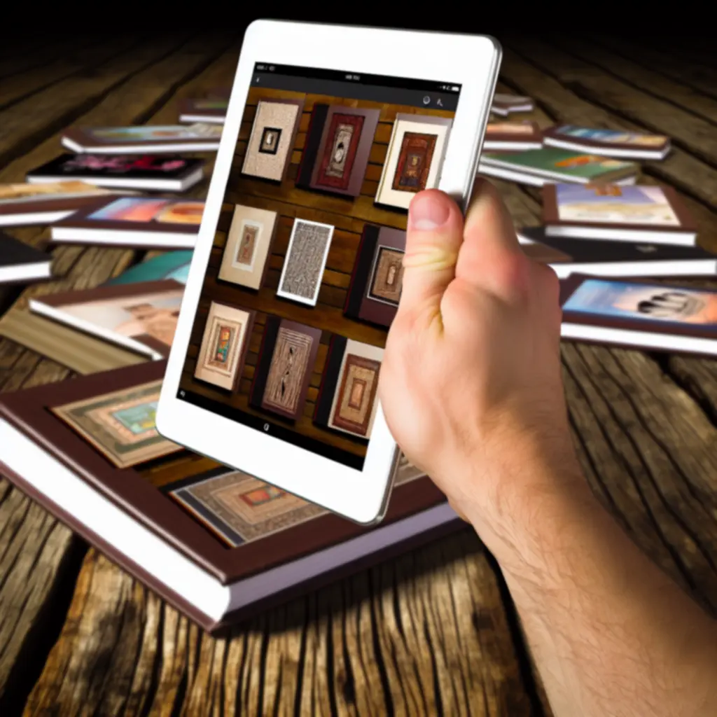 Display of featured books and a digital tablet showing book covers