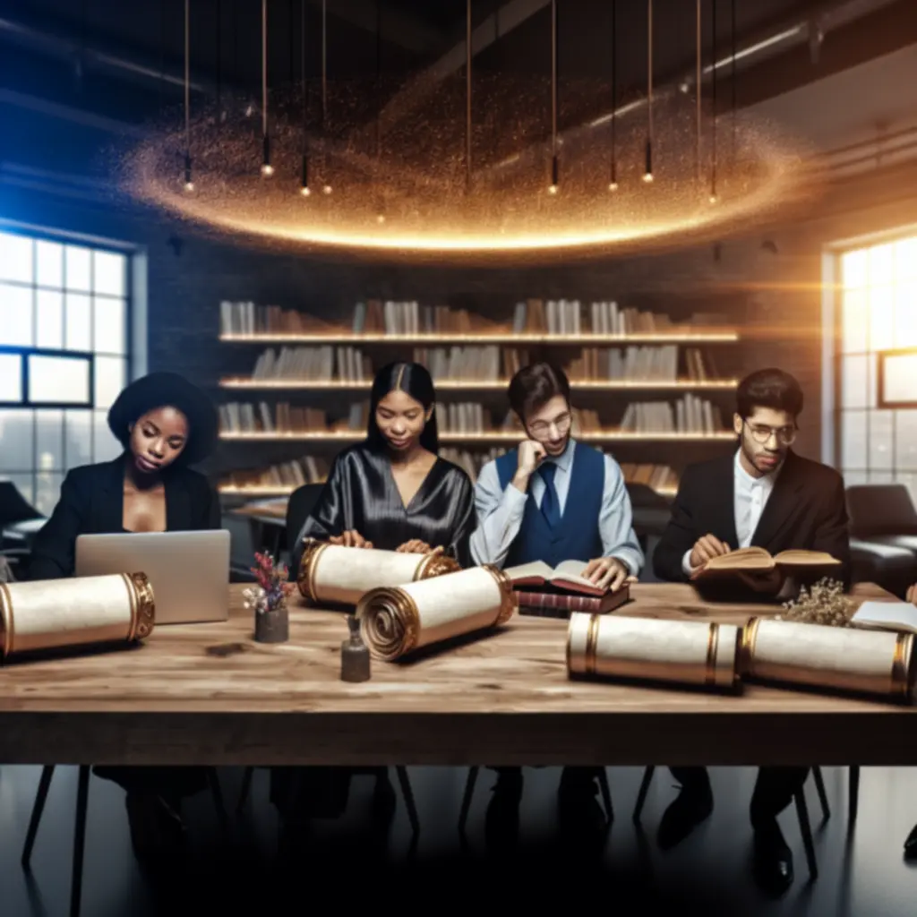 Publishing team collaborating in a modern office surrounded by books
